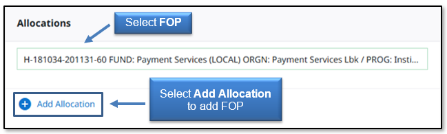 Image in Emburse Enterprise, select a FOP or click Add Allocation to add a FOP