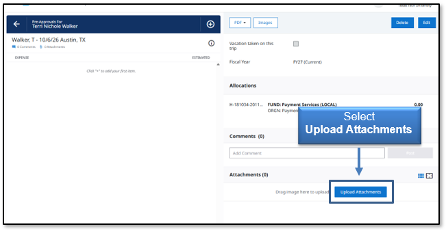 Image in Emburse Enterprise, select Upload Attachments at the bottom of the report header section