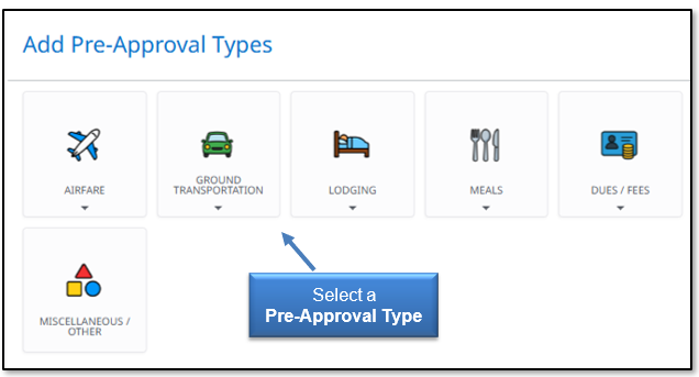 Image in Emburse Enterprise, select a Pre-Approval Type to add