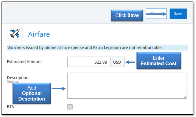 Image in Emburse Enterprise, enter the estimated cost and optional description, then click save