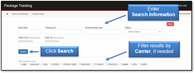 Enter Search Information; filter results by carrier, if needed; then, click Search