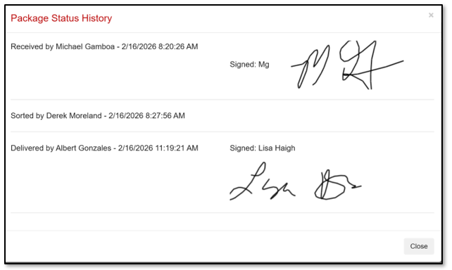 Package Status History screen displayed with signatures