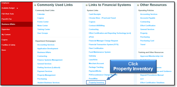 Click Property Inventory under the Business Affairs tab in the WebRaider Portal