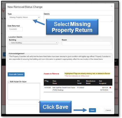 Select Missing Property Return; click save