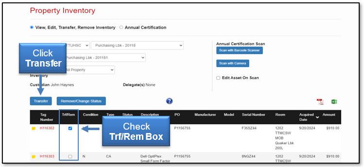 Check Trf/Rem box and click the Transfer button