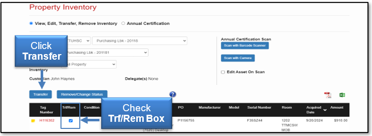 Check Trf/Rem Box; click the Transfer button