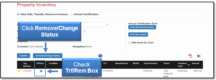 Check Trf/Rem Box then click Remove/Change Status
