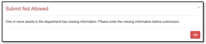 Error screen of the missing information for submission