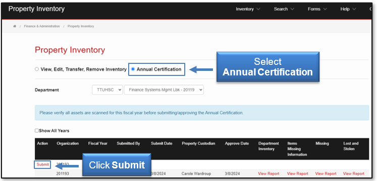Select Annual Certification and click Submit