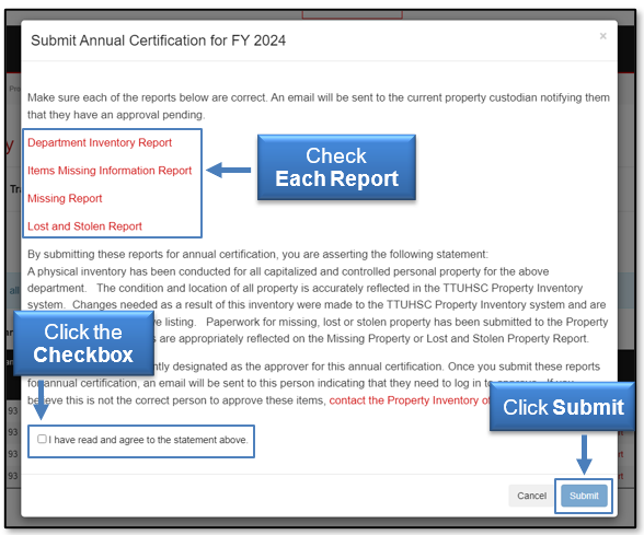 Check each report; click the checkbox and click submit button