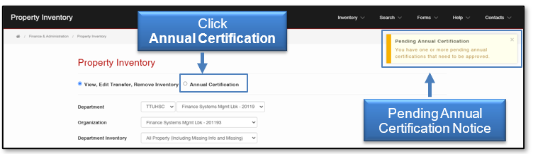 Click Annual Certification; and pending annual certification notice
