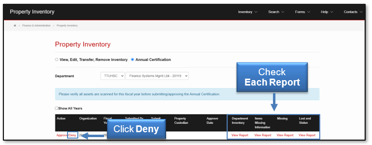Click each report; and click Deny