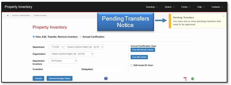 Pending Transfers Notice displays