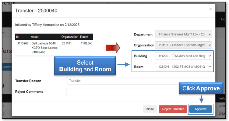 Select a Building and Room then click Approve