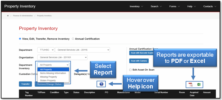 Select the report and hover over the Help icon. The Reports are exportable to PDF or Excel