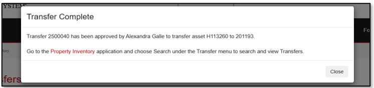 Display of the transfer completion