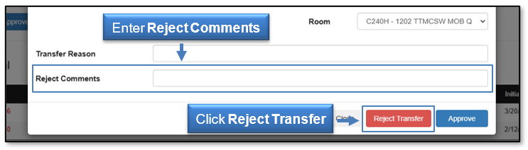 Enter Rejection Comments and click the Reject Transfer button
