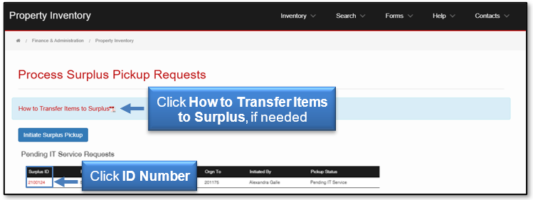 Click How to Transfer Items to Surplus, if needed, or click ID Number