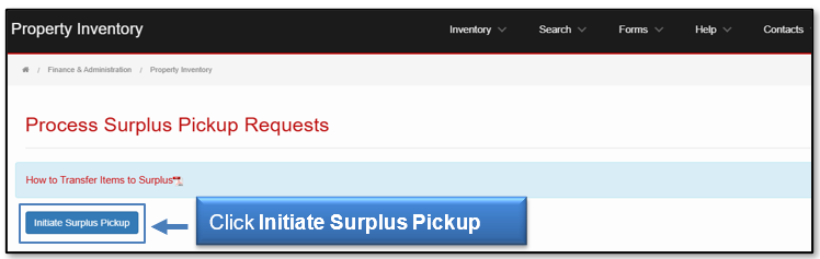 Click Initiate Surplus Pickup button