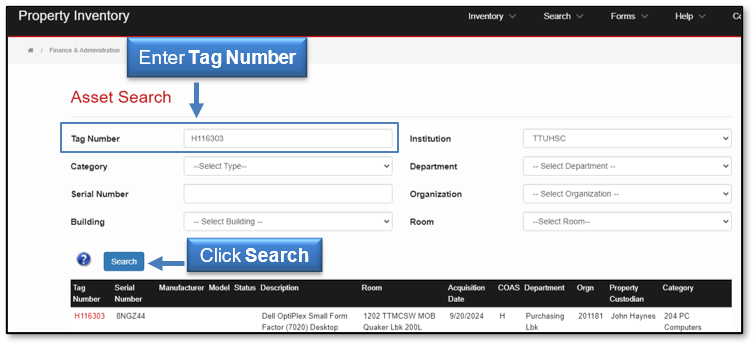 Enter Tag Number and click Search