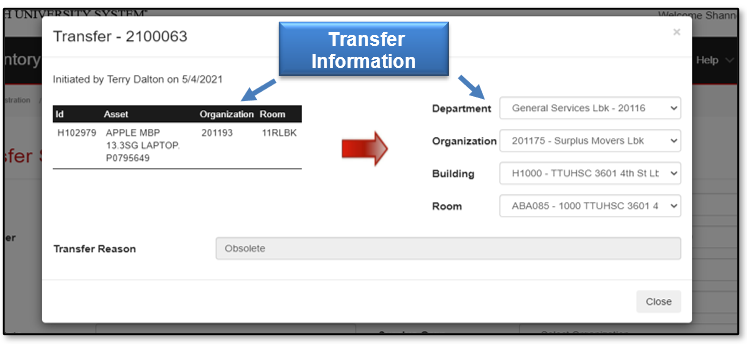 Transfer Information is displayed