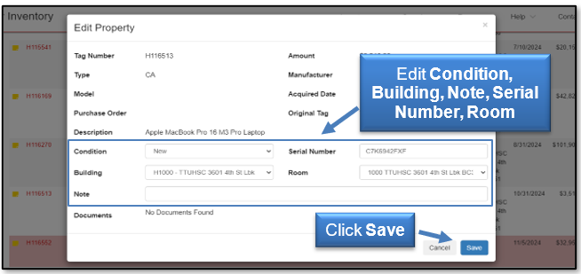 Edit condition, building note, serial number and room, then click save