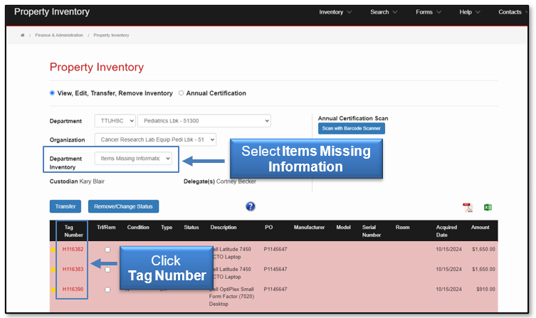 Select Items Missing Information from Department Inventory and click Tag Number