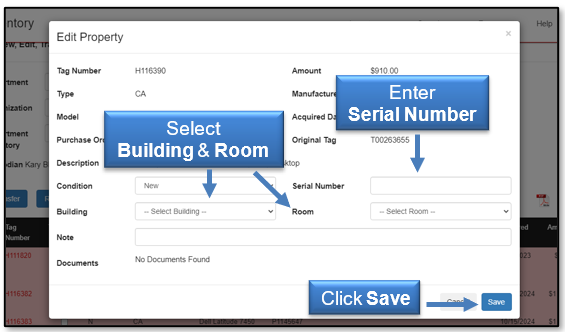 Select the Building and Room from drop-down lists, enter the Serial Number, click Save