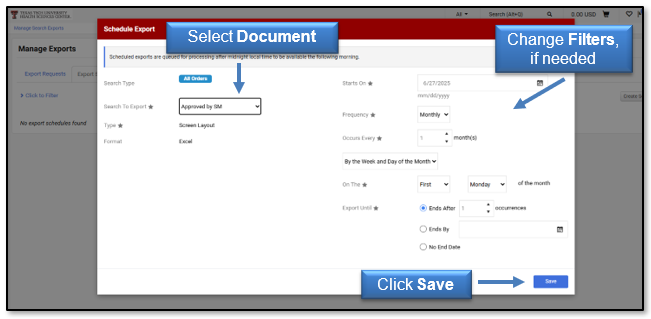 Select Document, change filters, if needed, then click Save