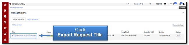 Click the Export Request Title link