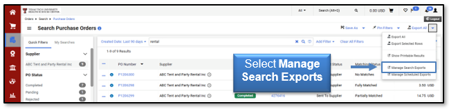 Select Manage Search Exports from the Export All drop-down button list