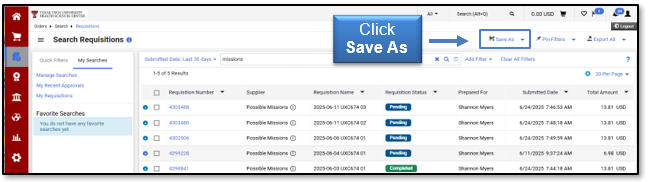Click the Save As button to save a search