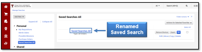 The Renamed Save Search link displays