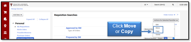 Click Move or Copy from the Actions for Selected Favorites list