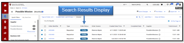 The Search Results will display