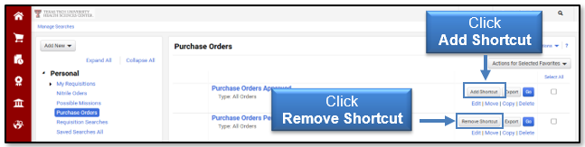 Click either Add Shortcut or Remove Shortcut link