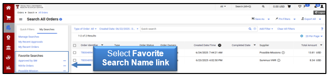 Select Favoriate Search Name link