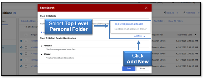 Select Top Level Personal Folder, then click Add New link