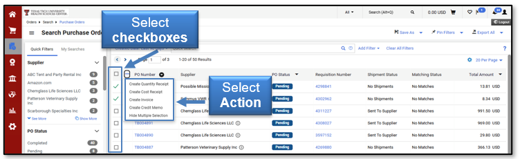 Select one or more check boxes, then choose an action