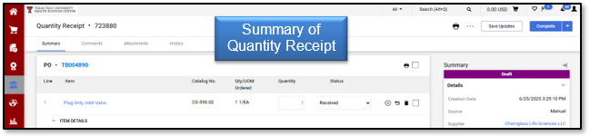 Summary of the Quantity Receipt is displayed