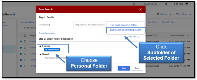 Click Subfolder of Selected Folder, choose Personal Folder