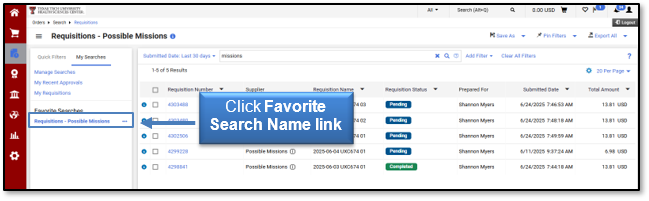 Click the Favoriate Search Name link