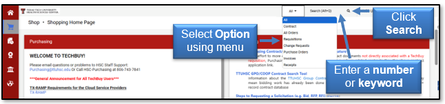 Select an Option using the All menu or enter a number or keyword and click Search