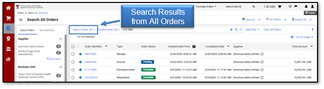 Search Results from all Orders display in the filters