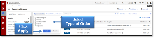 Select a Type of Order and then click Apply