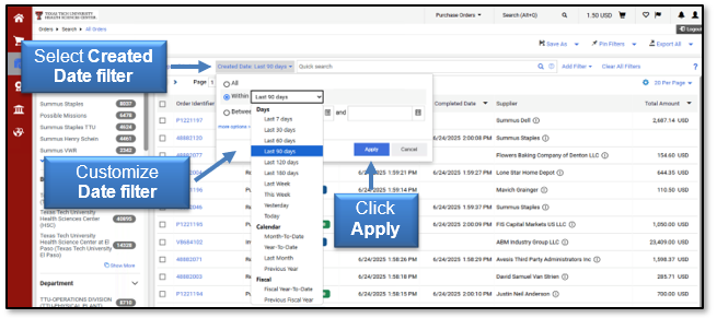 Select Created Date Filter and Customize a Date Filter, and then click Apply