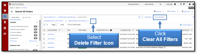Select the Delete Filter icon or click Clear All Filters