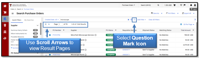 Select the Question Mark icon and use the scroll arrows to view result pages