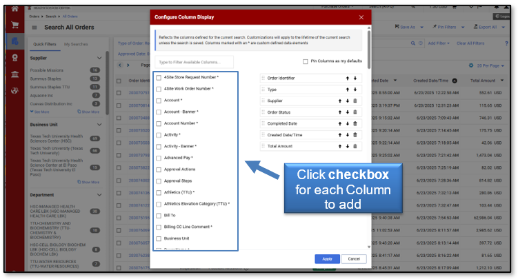 Click the check box for each Column to add