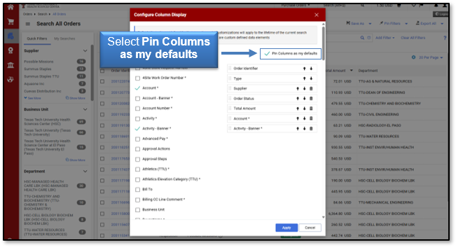 Select Pin Columns as my defaults